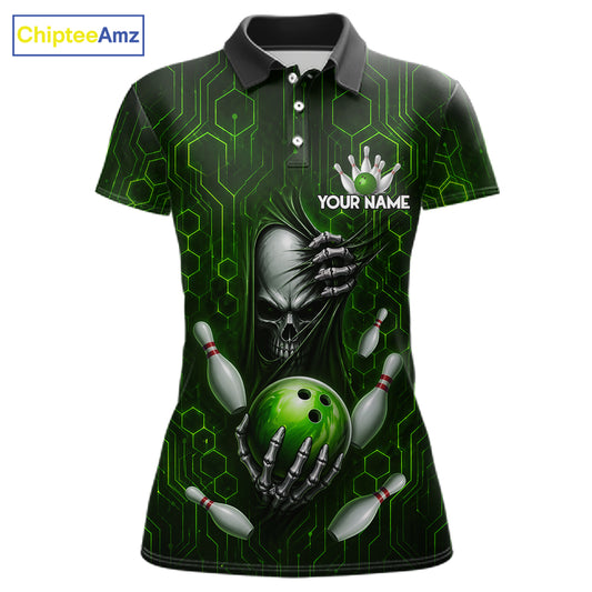 Black And Green Custom Skull Bowling Shirt For Women, Hexagon Bowling Team Jersey Polo & 1/4 Zip TDM6426