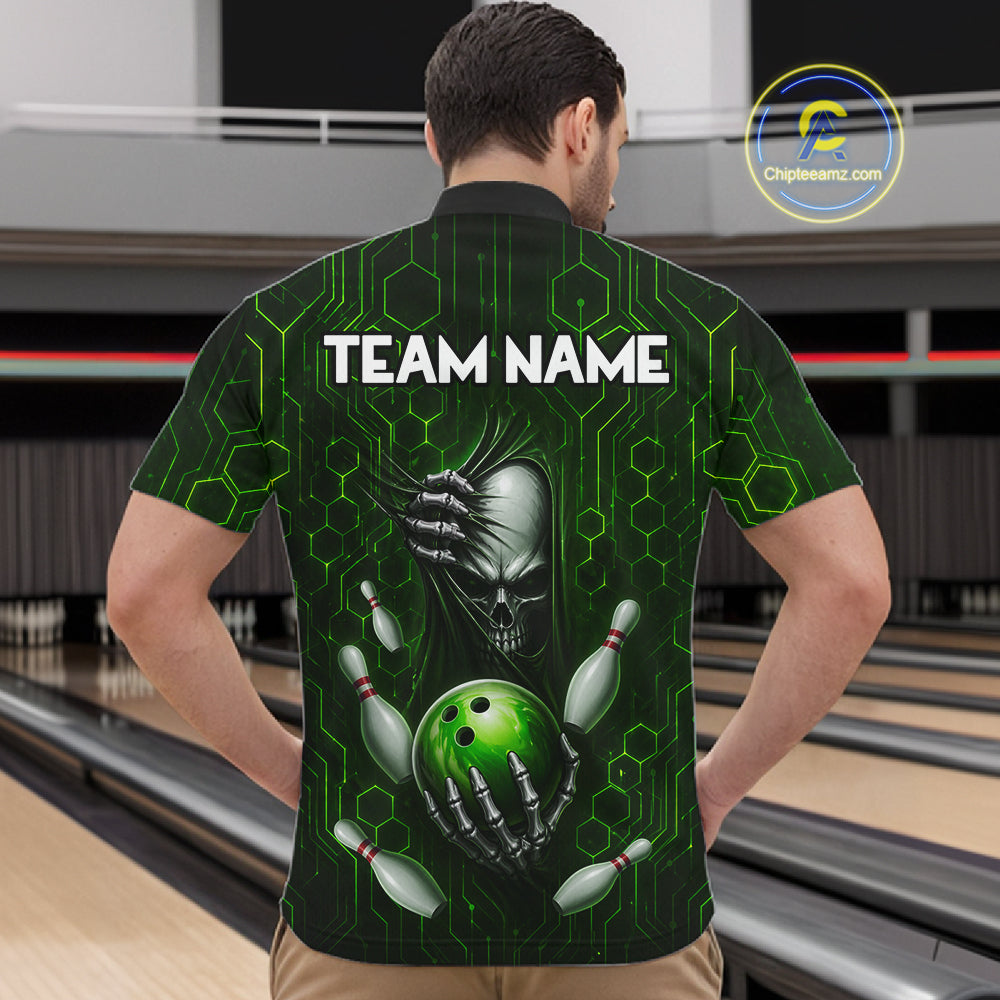 Black And Green Custom Skull Bowling Shirt For Men, Hexagon Bowling Team Jersey Polo & 1/4 Zip TDM6426