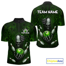 Load image into Gallery viewer, Black And Green Custom Skull Bowling Shirt For Men, Hexagon Bowling Team Jersey Polo &amp; 1/4 Zip TDM6426