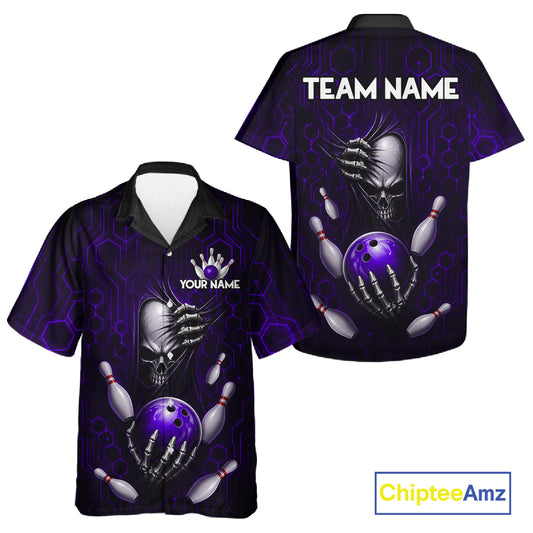 Black And Purple Custom Skull Hawaiian Bowling Shirt For Women, Hexagon Bowling Team Jersey Uniform TDM6427