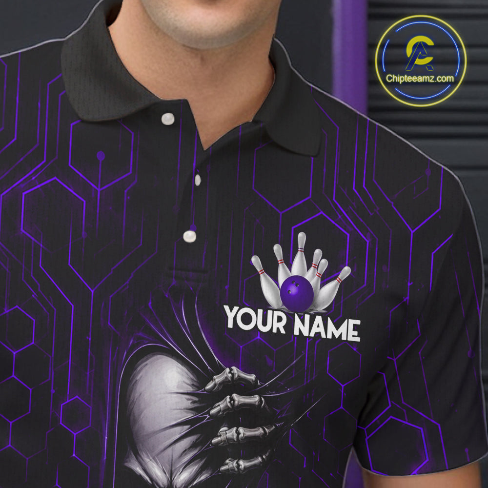 Black And Purple Custom Skull Bowling Shirt For Men, Hexagon Bowling Team Jersey Polo & 1/4 Zip TDM6427