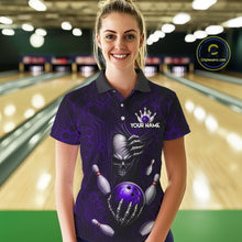 Load image into Gallery viewer, Black And Purple Custom Skull Bowling Shirt For Women, Hexagon Bowling Team Jersey Polo &amp; 1/4 Zip TDM6427