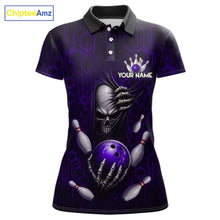 Load image into Gallery viewer, Black And Purple Custom Skull Bowling Shirt For Women, Hexagon Bowling Team Jersey Polo &amp; 1/4 Zip TDM6427