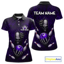 Load image into Gallery viewer, Black And Purple Custom Skull Bowling Shirt For Women, Hexagon Bowling Team Jersey Polo &amp; 1/4 Zip TDM6427