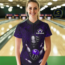 Load image into Gallery viewer, Black And Purple Custom Skull Bowling Shirt For Women, Hexagon Bowling Team Jersey Polo &amp; 1/4 Zip TDM6427