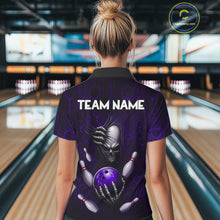 Load image into Gallery viewer, Black And Purple Custom Skull Bowling Shirt For Women, Hexagon Bowling Team Jersey Polo &amp; 1/4 Zip TDM6427