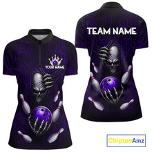 Load image into Gallery viewer, Black And Purple Custom Skull Bowling Shirt For Women, Hexagon Bowling Team Jersey Polo &amp; 1/4 Zip TDM6427