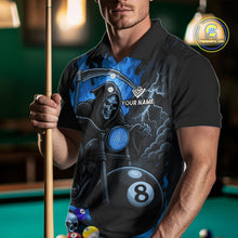Load image into Gallery viewer, Man wearing a blue flame grim reaper motorcycle 8 ball billiard jersey front view.