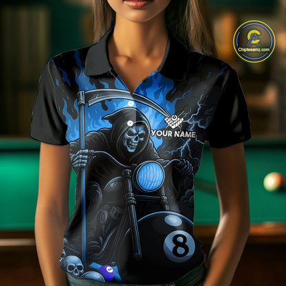 Woman wearing a blue flame grim reaper motorcycle 8 ball billiard jersey front view.