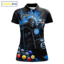 Load image into Gallery viewer, Blue flame grim reaper motorcycle 8 ball custom billiard polo shirt for women, pool team jersey.