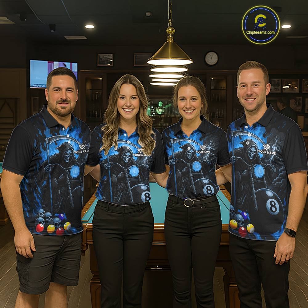 Pool team wearing matching blue flame grim reaper motorcycle 8 ball billiard jerseys front view.