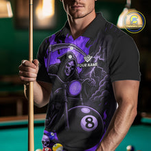 Load image into Gallery viewer, Man wearing a purple flame grim reaper motorcycle 8 ball billiard jersey front view.