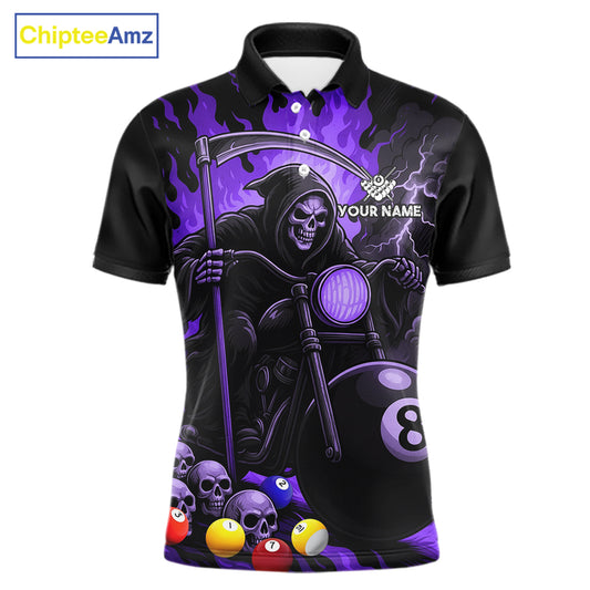 Purple flame grim reaper motorcycle 8 ball custom billiard polo shirt for men, pool team jersey.