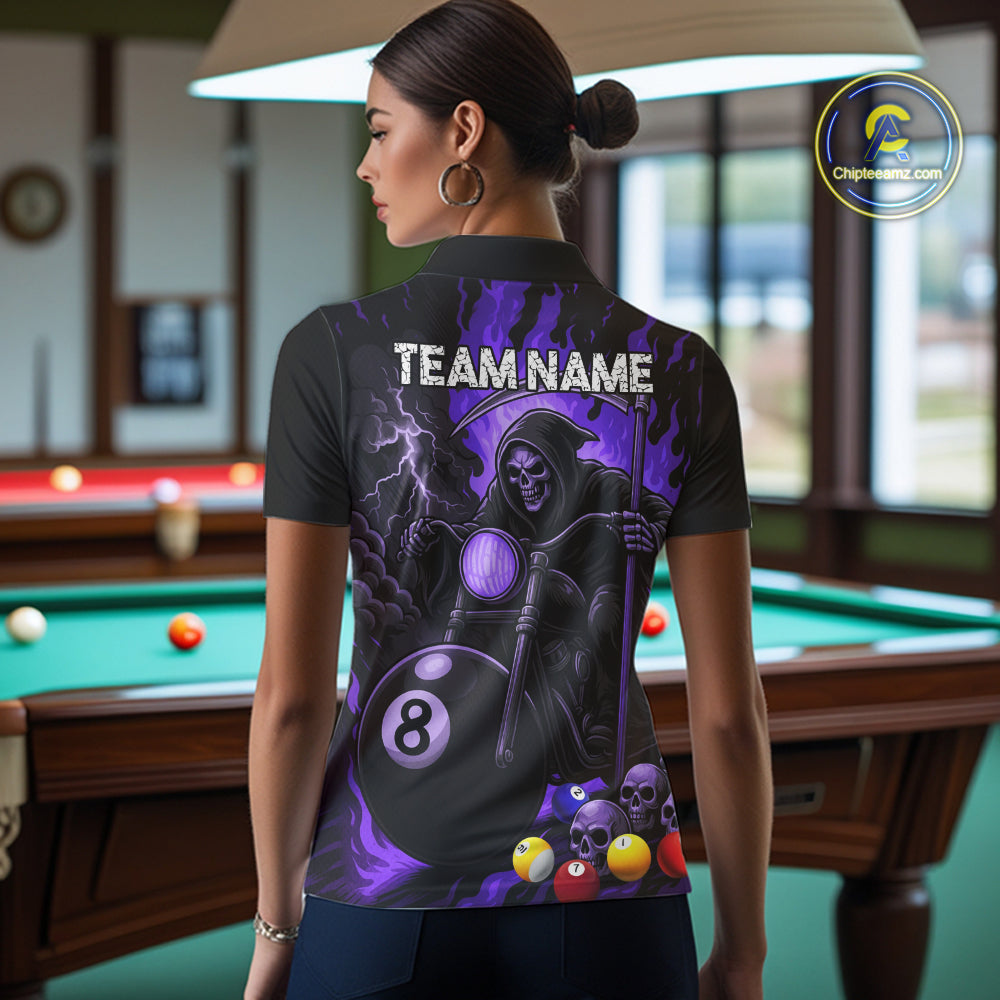 Back view of woman wearing a purple flame grim reaper motorcycle 8 ball pool jersey.
