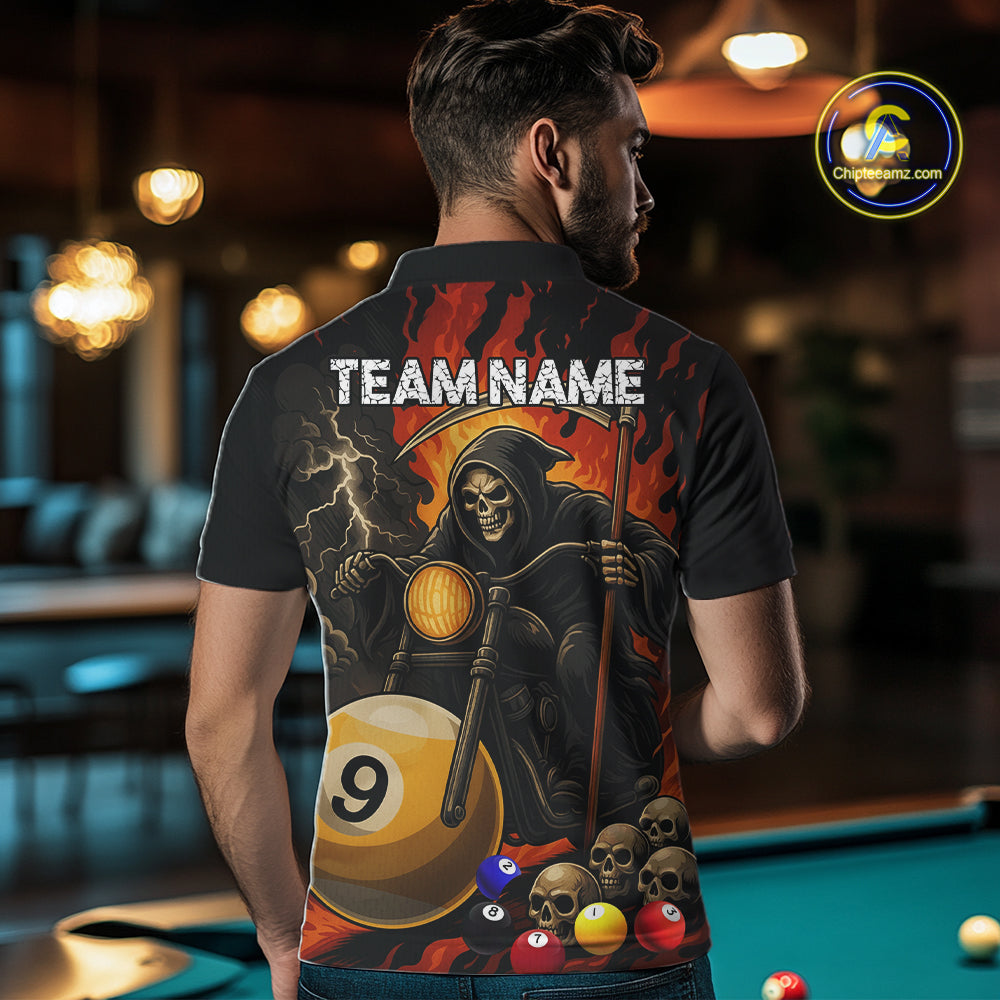 Back view of man wearing a grim reaper motorcycle 8 ball and 9 ball pool jersey.