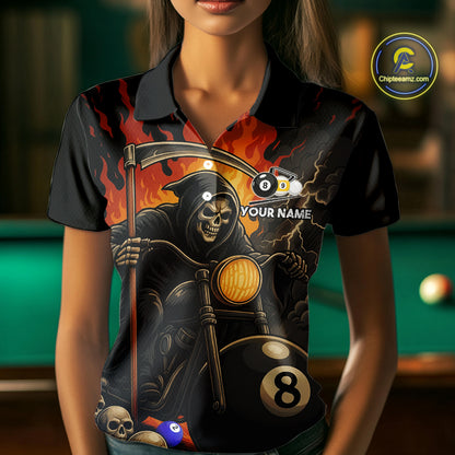 Woman wearing a grim reaper motorcycle 8 ball and 9 ball billiard jersey front view.