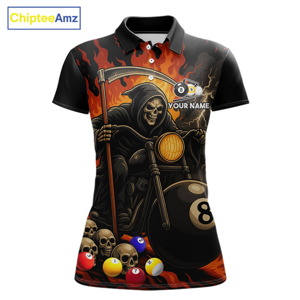 Personalized grim reaper motorcycle 8 ball and 9 ball billiard polo shirt for women, custom pool team jersey.