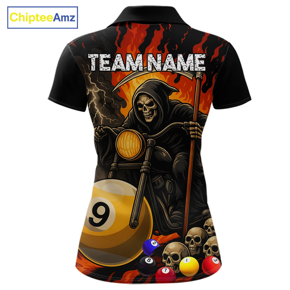 Grim reaper motorcycle 8 ball and 9 ball pool team polo shirt for women with flame graphics.