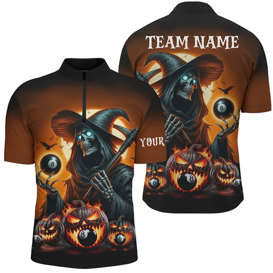 Grim Reaper & Pumpkin With 8 Ball Pool Billiard Jerseys For Men, Funny Halloween Billiard Shirts TDM2377
