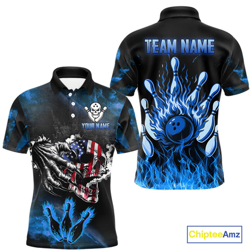 Blue Flaming American Flag Skull Bowling Shirt For Men Custom Fire Bowling Team Jersey TDM4692