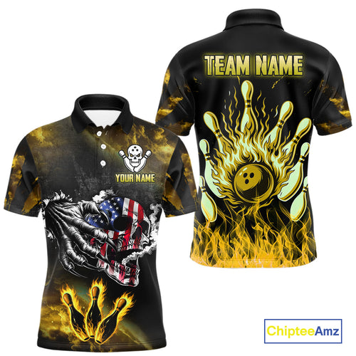 Yellow Flaming American Flag Skull Bowling Shirt For Men Custom Fire Bowling Team Jersey TDM4694