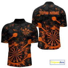 Load image into Gallery viewer, Black And Orange Grunge Darts Polo, Quarter Zip For Men Custom Dart Shirts For Team Dart Jerseys TDM4698