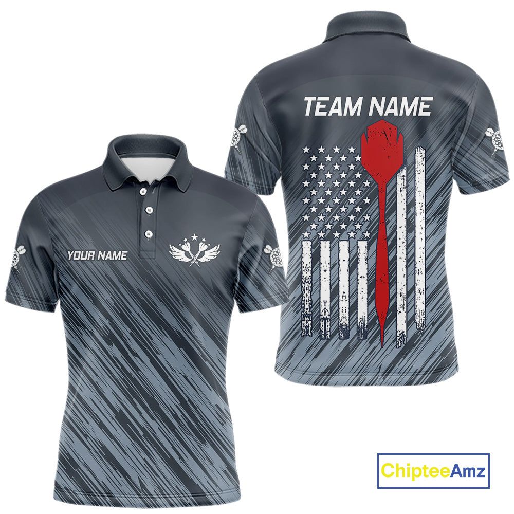American Flag Grey Grunge Darts Polo & Quarter Zip Custom Dart Shirt For Men Patriotic Dart Jersey TDM4699