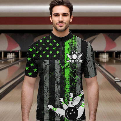 Personalized Green Grunge American Flag Patriotic Bowling Shirts For Men Custom Bowling Team Jersey TDM3504