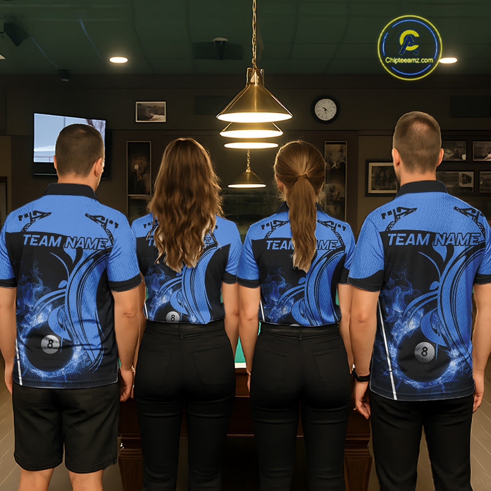 Personalized Blue 8 Ball Fire Flame Billiard Shirt For Men, Pool Team Jersey Polo & 1/4 Zip TDM5974