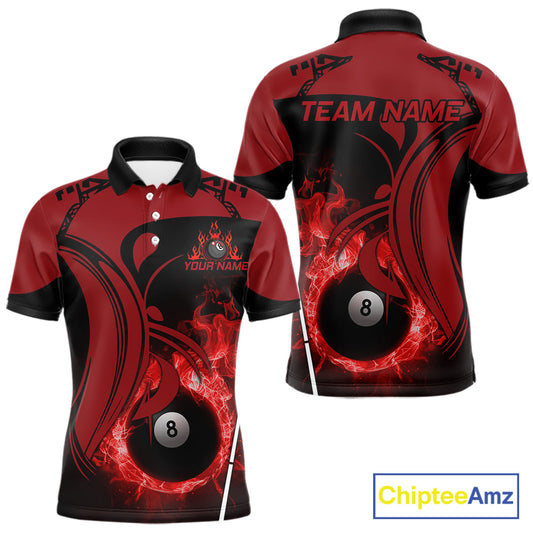 Personalized Red 8 Ball Fire Flame Billiard Shirt For Men, Pool Team Jersey Polo & 1/4 Zip TDM5976