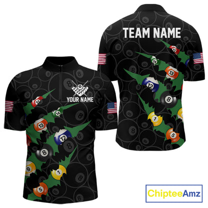 Custom Green 8 Ball Pool Scratch Billiard Shirt For Men, Black Billiard Team Jersey Polo & 1/4 Zip TDM6435