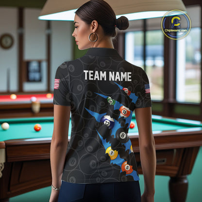 Custom Blue 8 Ball Pool Scratch Billiard Shirt For Women, Black Billiard Team Jersey Polo & 1/4 Zip TDM6436