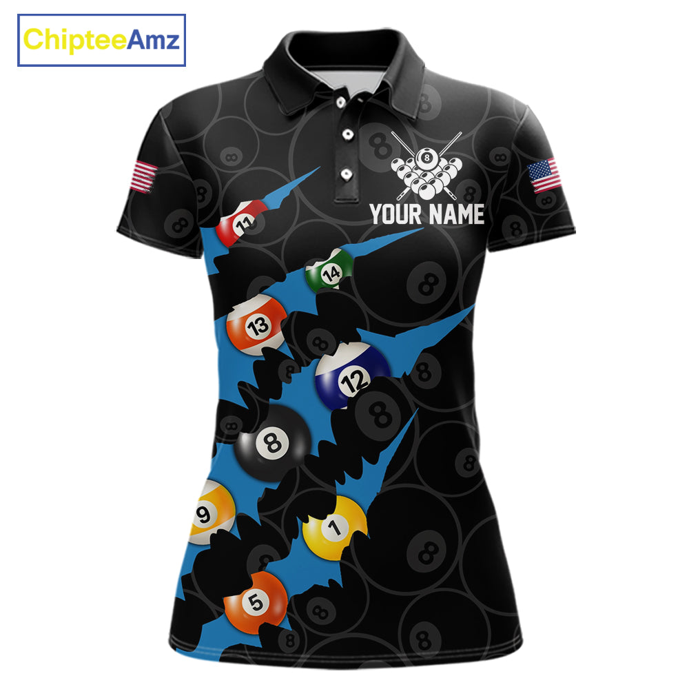 Custom Blue 8 Ball Pool Scratch Billiard Shirt For Women, Black Billiard Team Jersey Polo & 1/4 Zip TDM6436