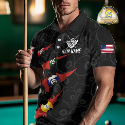 Custom Red 8 Ball Pool Scratch Billiard Shirt For Men, Black Billiard Team Jersey Polo & 1/4 Zip TDM6437