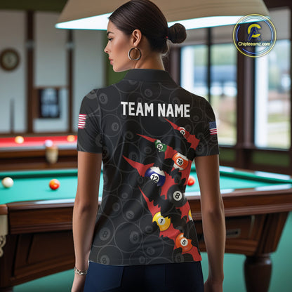 Custom Red 8 Ball Pool Scratch Billiard Shirt For Women, Black Billiard Team Jersey Polo & 1/4 Zip TDM6437