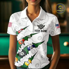 Load image into Gallery viewer, Custom Green 8 Ball Pool Scratch Billiard Shirt For Women, White Billiard Team Jersey Polo &amp; 1/4 Zip TDM6440