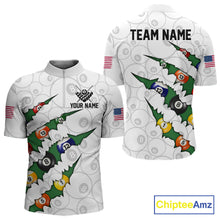 Load image into Gallery viewer, Custom Green 8 Ball Pool Scratch Billiard Shirt For Men, White Billiard Team Jersey Polo &amp; 1/4 Zip TDM6440
