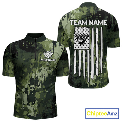 Men’s green camo American flag quarter zip billiard shirt with patriotic team artwork.