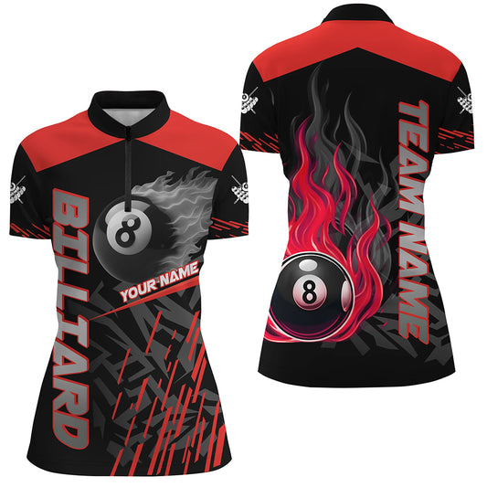 Red 8 Ball Pool Flame 3D Billiard Shirts For Women, Billiard League Jersey Custom Pool Team Shirts TDM2874