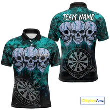 Load image into Gallery viewer, Black And Turquoise Grunge Skull Mens Dart Shirts Custom Dart Jerseys Team Polo &amp; Quarter Zip TDM5129