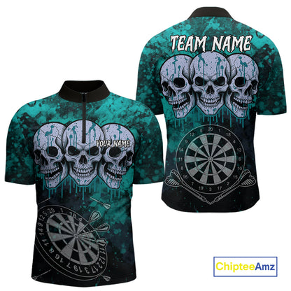 Black And Turquoise Grunge Skull Mens Dart Shirts Custom Dart Jerseys Team Polo & Quarter Zip TDM5129