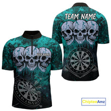 Load image into Gallery viewer, Black And Turquoise Grunge Skull Mens Dart Shirts Custom Dart Jerseys Team Polo &amp; Quarter Zip TDM5129