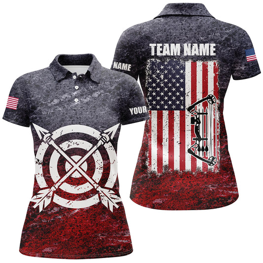 Personalized Retro USA Flag Women Archery Polo Shirts, Patriotic US Archery Jerseys For Team Archer TDM1022