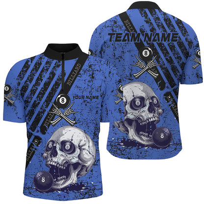 Personalized Grunge Blue Billiard Skull Custom Men Billiard Shirts, Billiard Pool Team Club Uniform TDM1930