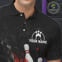Load image into Gallery viewer, Close up of black and red grunge fire bowling polo shirt collar, buttons and chest design.