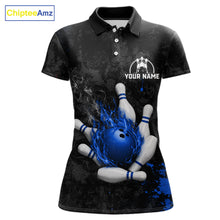 Load image into Gallery viewer, Black and blue grunge fire bowling polo shirt for women, custom bowling team jersey uniform.