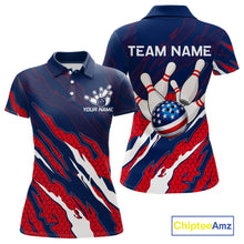 Load image into Gallery viewer, Blue and red US flag bowling team polo shirt for women with patriotic design.