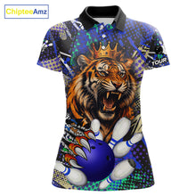 Load image into Gallery viewer, Personalized blue graffiti tiger bowling polo shirt for women, custom bowling team jersey.