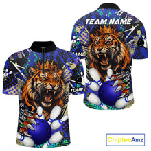 Load image into Gallery viewer, Blue graffiti tiger bowling quarter zip shirt for men, custom bowling league jersey.