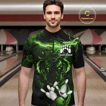 Load image into Gallery viewer, Man wearing green thunder lightning tiger bowling quarter zip shirt front view.